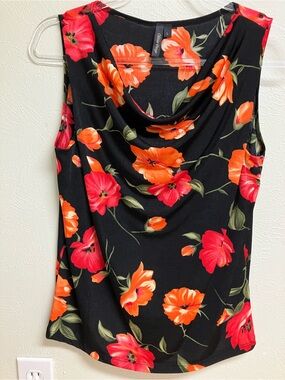 Cowl-Neck Floral Sleeveless Blouse - Black with Red & Orange Flowers